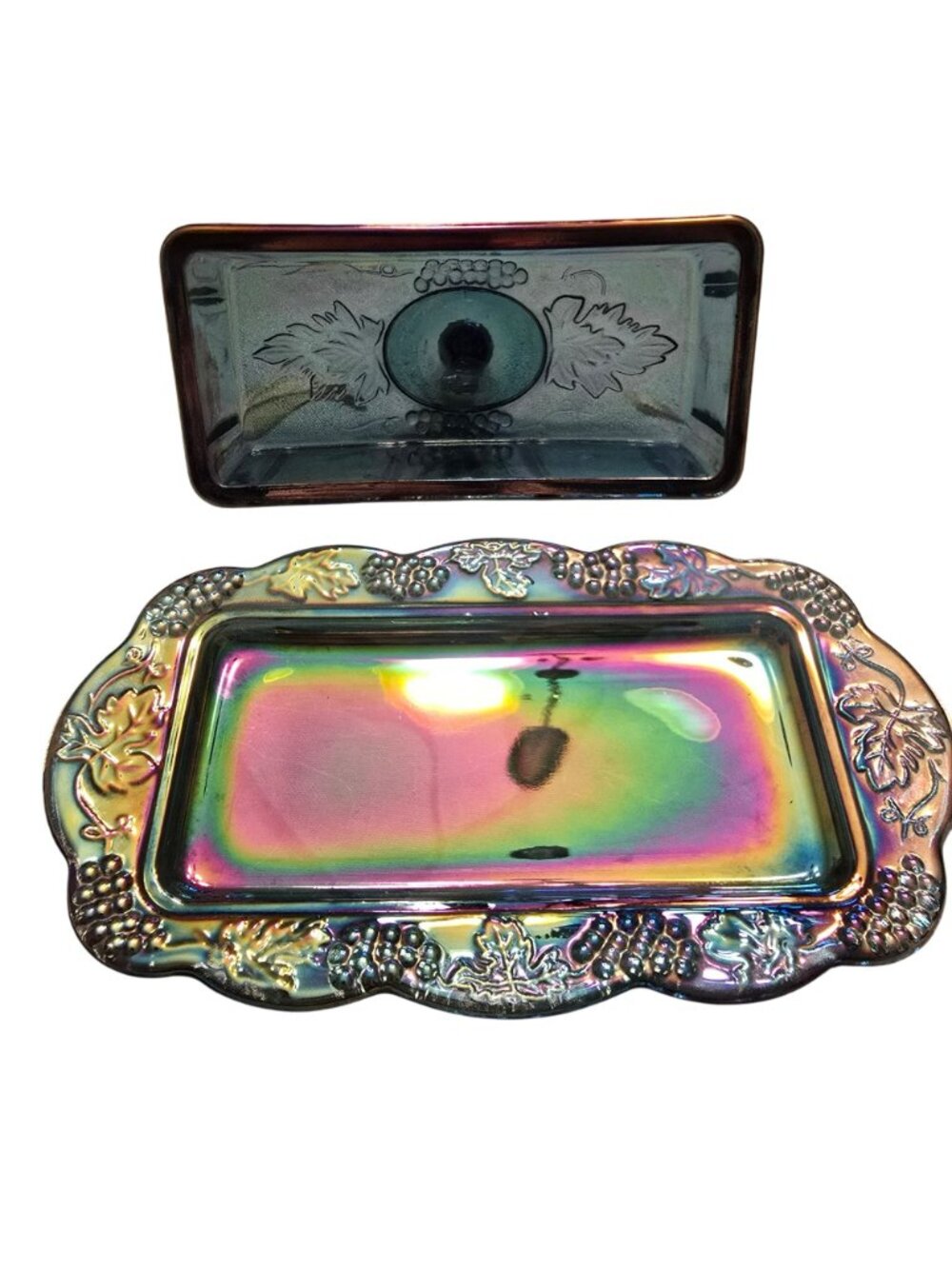 Iridescent Glass Butter Dish Grapevine Pattern Rectangular Indiana Glass JH8029 - Picture 8 of 9